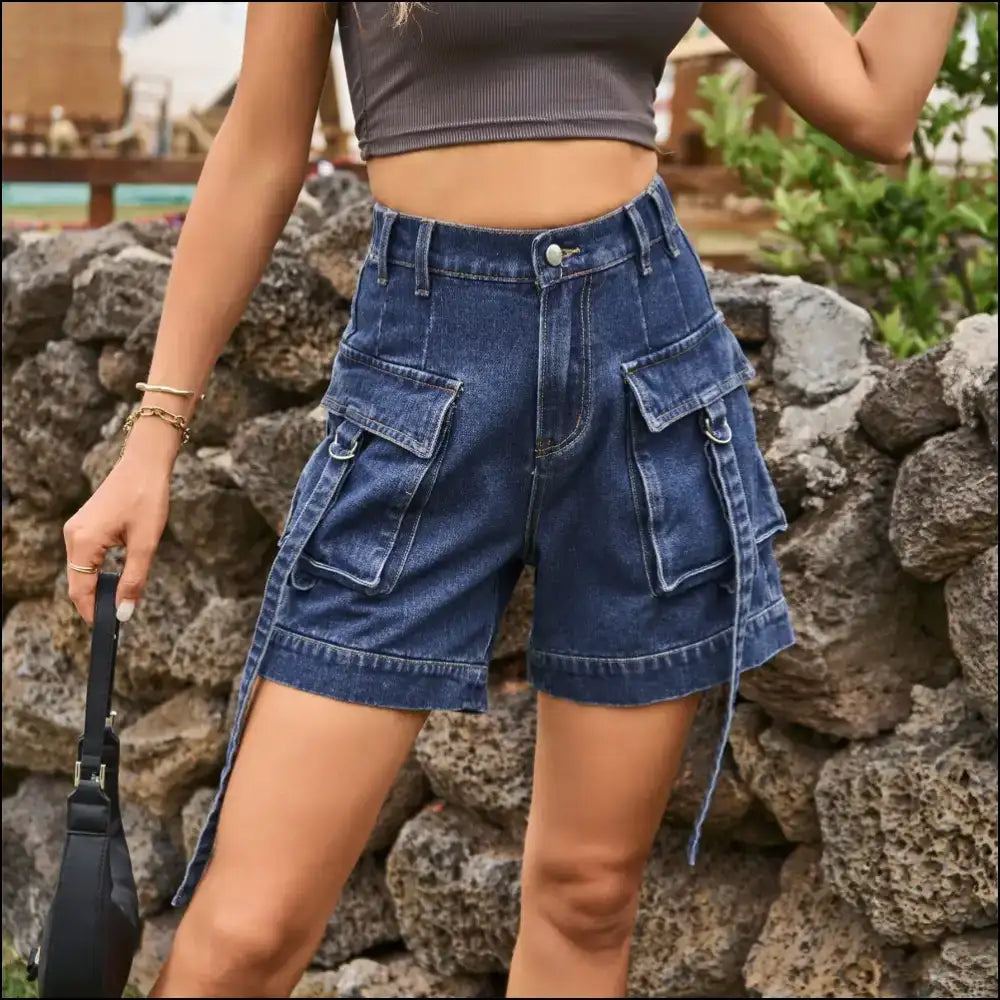 Chic High Waist Denim Cargo Shorts - Navy / l