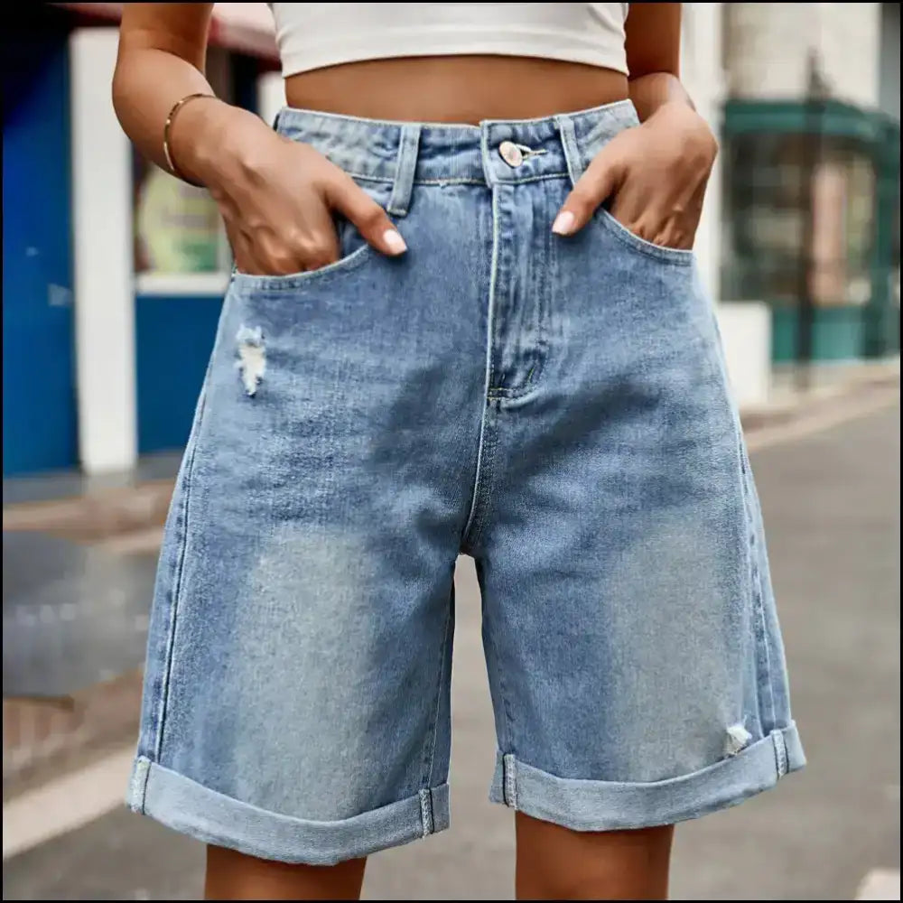 Chic Distressed Buttoned Denim Shorts: Because Pockets are your Real Bff! 😂👖 - Shorts