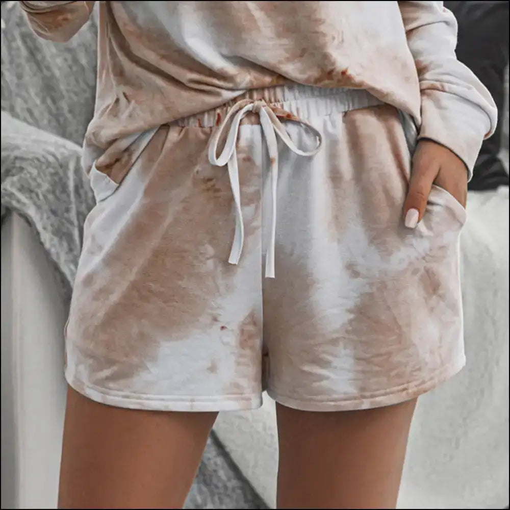 Shiny Tie-dye Drawstring Shorts with Pockets - Khaki / Xl