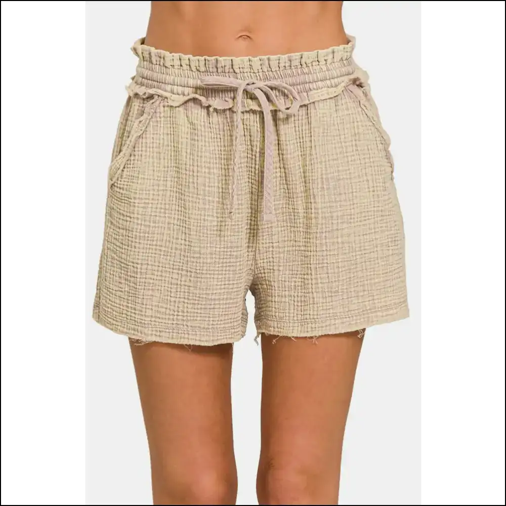 Zenana Frayed Hem Drawstring Shorts - Mocha / s