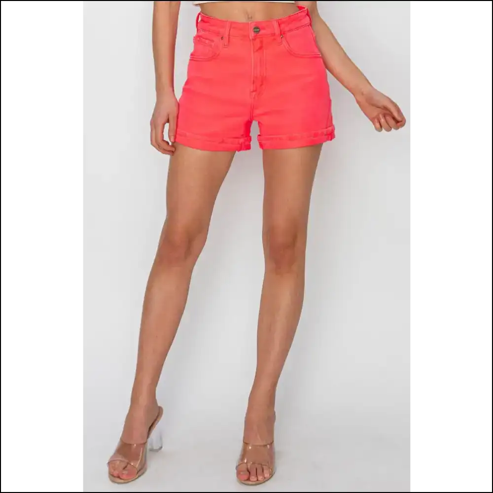 Risen High Rise Cuffed Denim Shorts - Coral / l