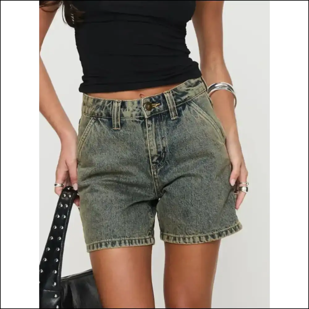 High Rise Washed Denim Shorts - Medium / Xl