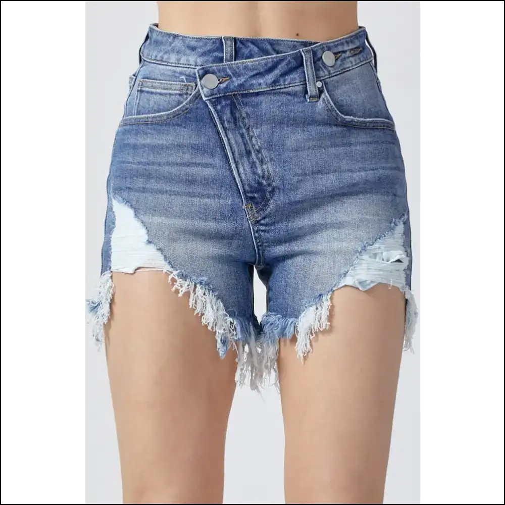 Risen Raw Hem Asymmetrical Waist Denim Shorts - Medium / s