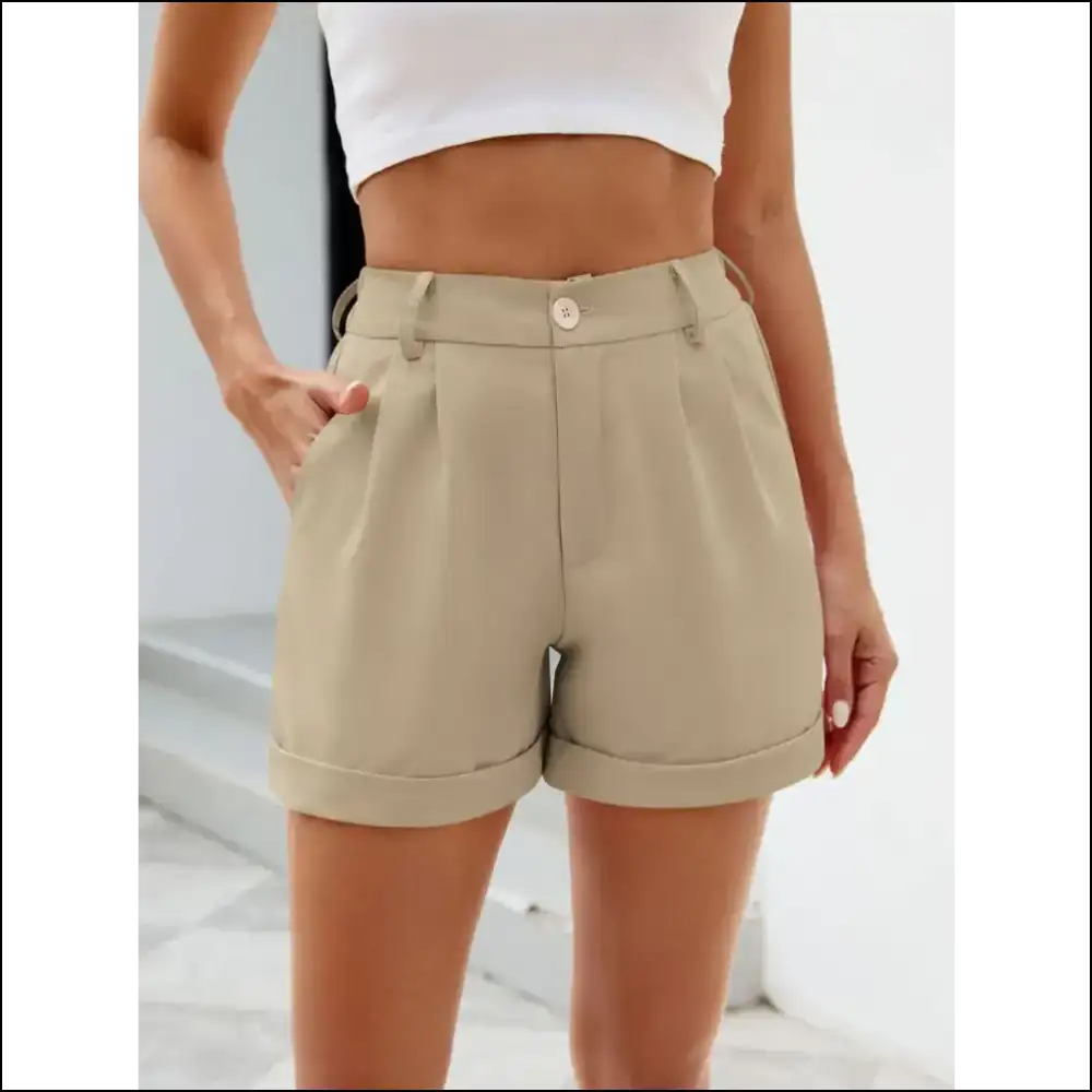 Chic Roll Trim Half Elastic Waist Shorts - Tan / s