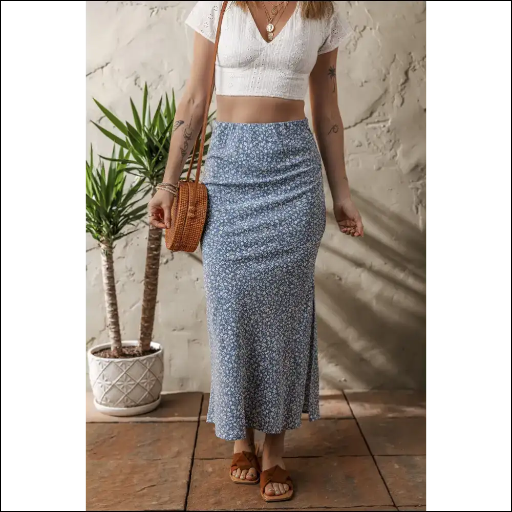 Sky Blue Boho Floral High Waist Side Split Long Skirt Skirts