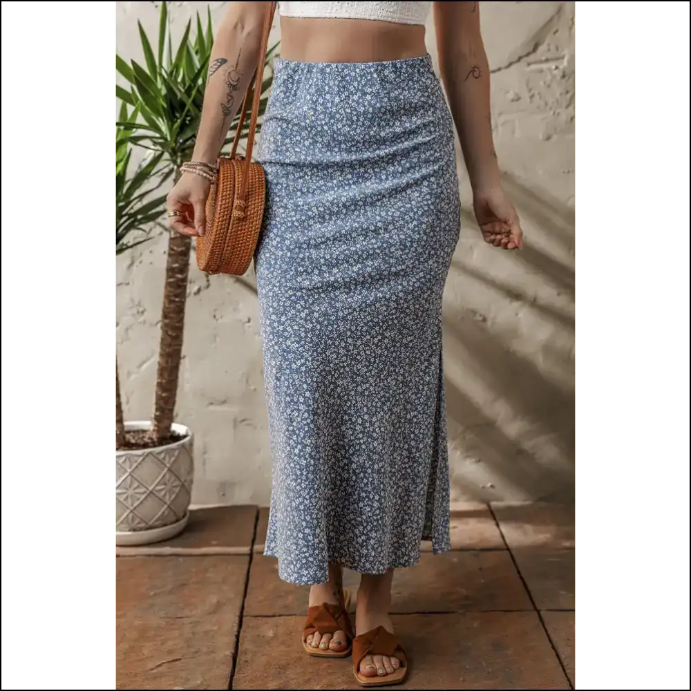 Sky Blue Boho Floral High Waist Side Split Long Skirt / s Skirts