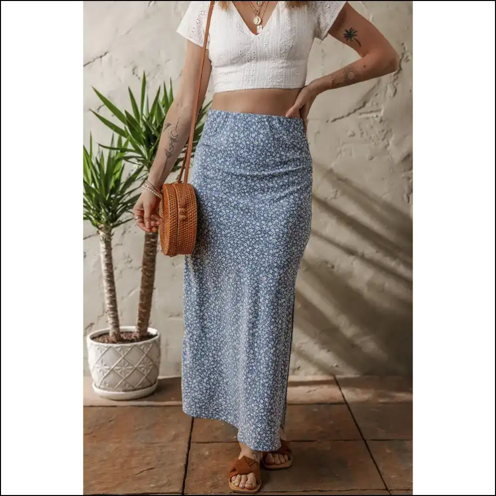 Sky Blue Boho Floral High Waist Side Split Long Skirt Skirts