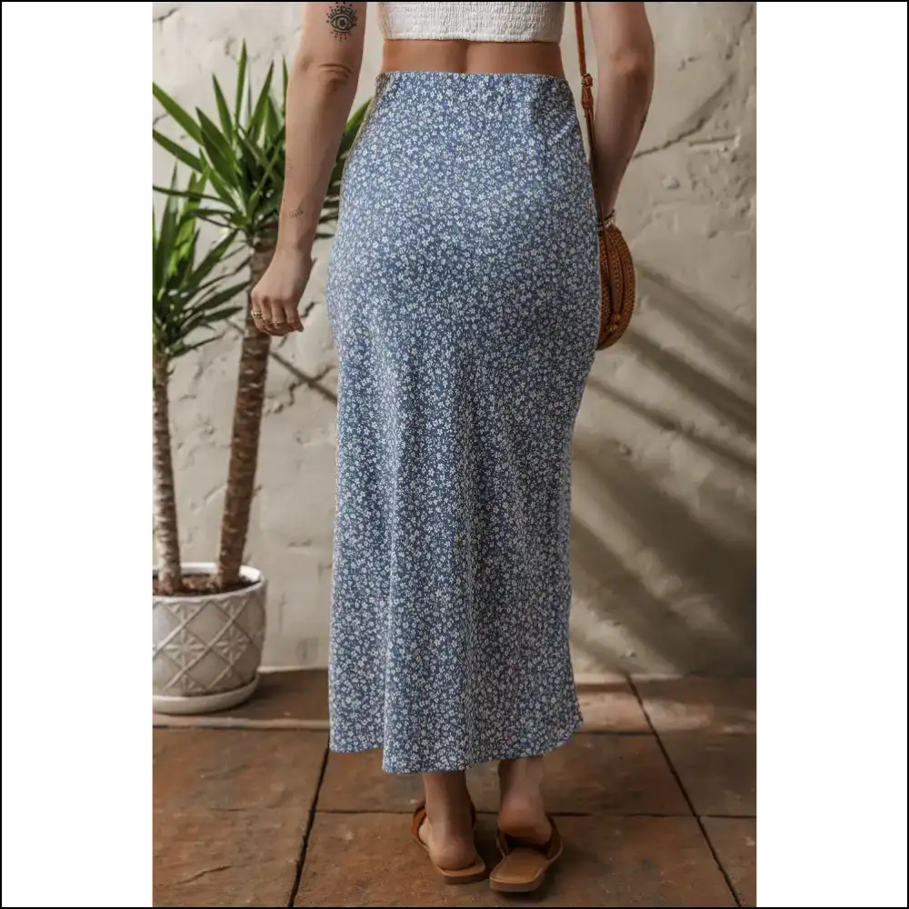 Sky Blue Boho Floral High Waist Side Split Long Skirt Skirts