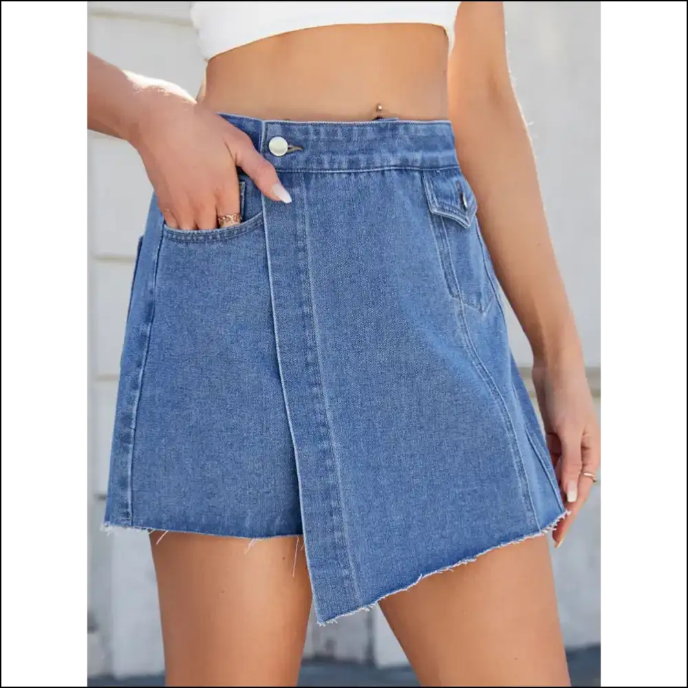 Frayed Hem Asymmetrical Denim Skort - Trendy & Chic - Medium / s - Skorts