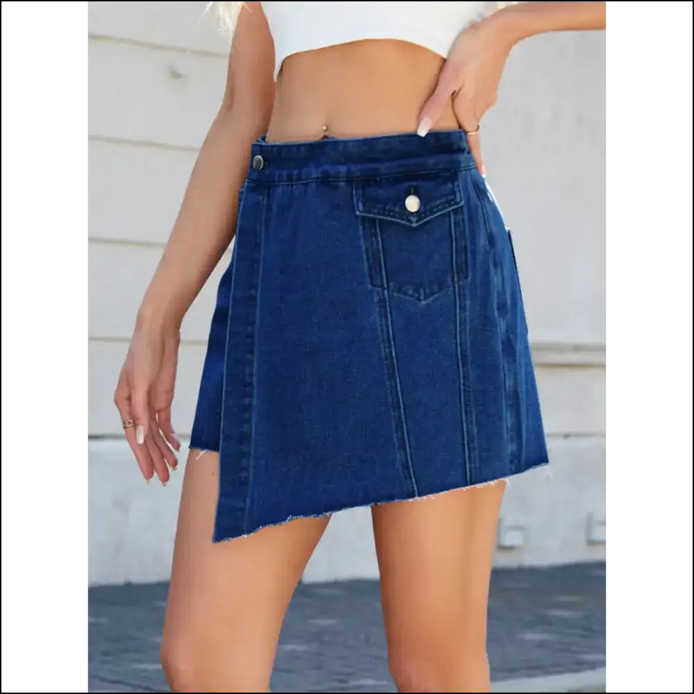 Frayed Hem Asymmetrical Denim Skort - Trendy & Chic - Skorts