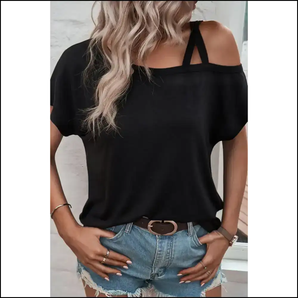 Needful Things: Black Asymmetric Criss Cross Cold Shoulder Tee - so Hot 🔥 - t Shirts