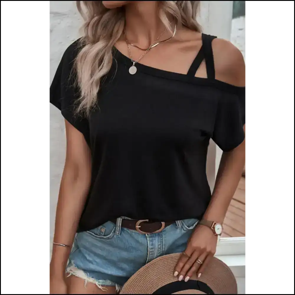 Needful Things: Black Asymmetric Criss Cross Cold Shoulder Tee - so Hot 🔥 - t Shirts