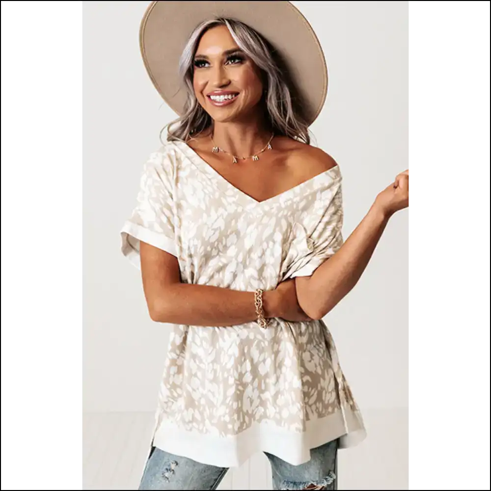 Chic Khaki Leopard Print v Neck Side Slit T-shirt - t Shirts