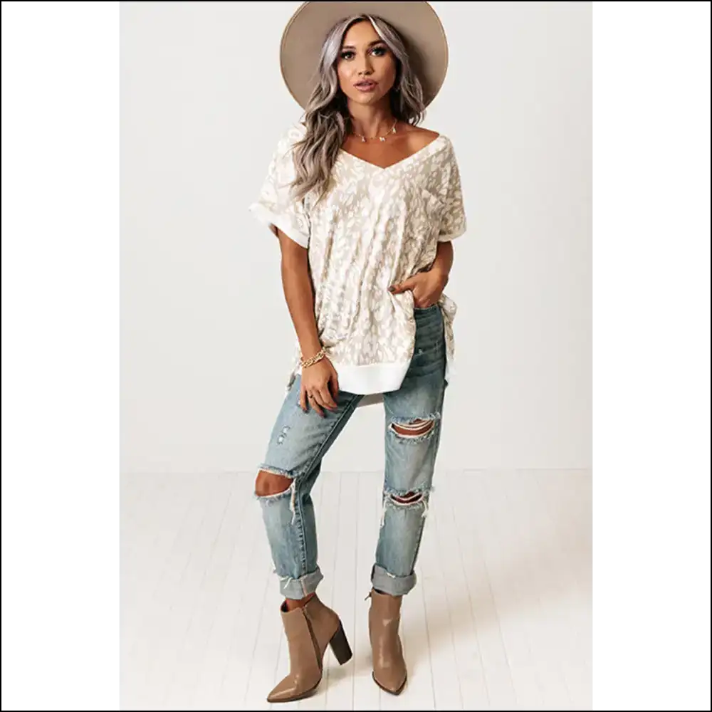 Chic Khaki Leopard Print v Neck Side Slit T-shirt - t Shirts