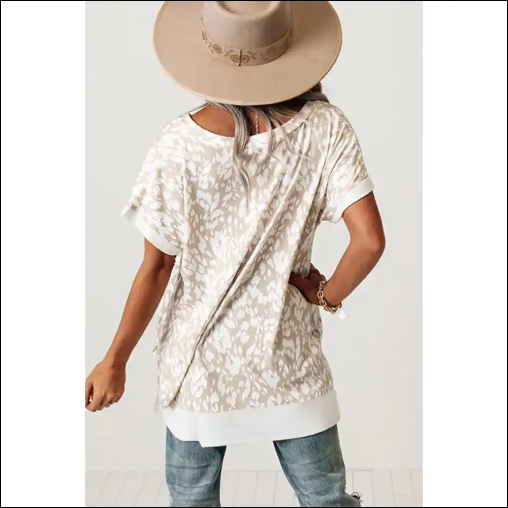 Chic Khaki Leopard Print v Neck Side Slit T-shirt - t Shirts
