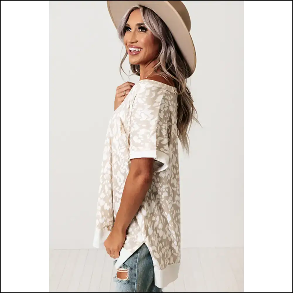 Chic Khaki Leopard Print v Neck Side Slit T-shirt - t Shirts