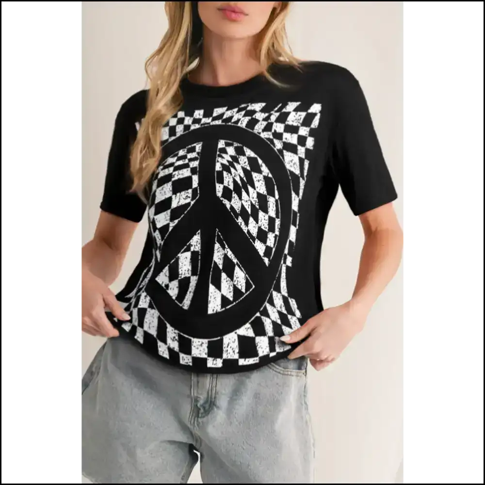 Checkerboard Peace Sign Tee: Groovy Man ?️ - Black / s - t Shirts