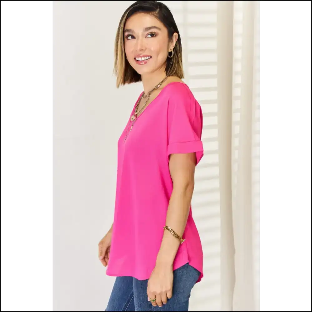 Zenana V-neck Rolled Short Sleeve T-shirt - t Shirts