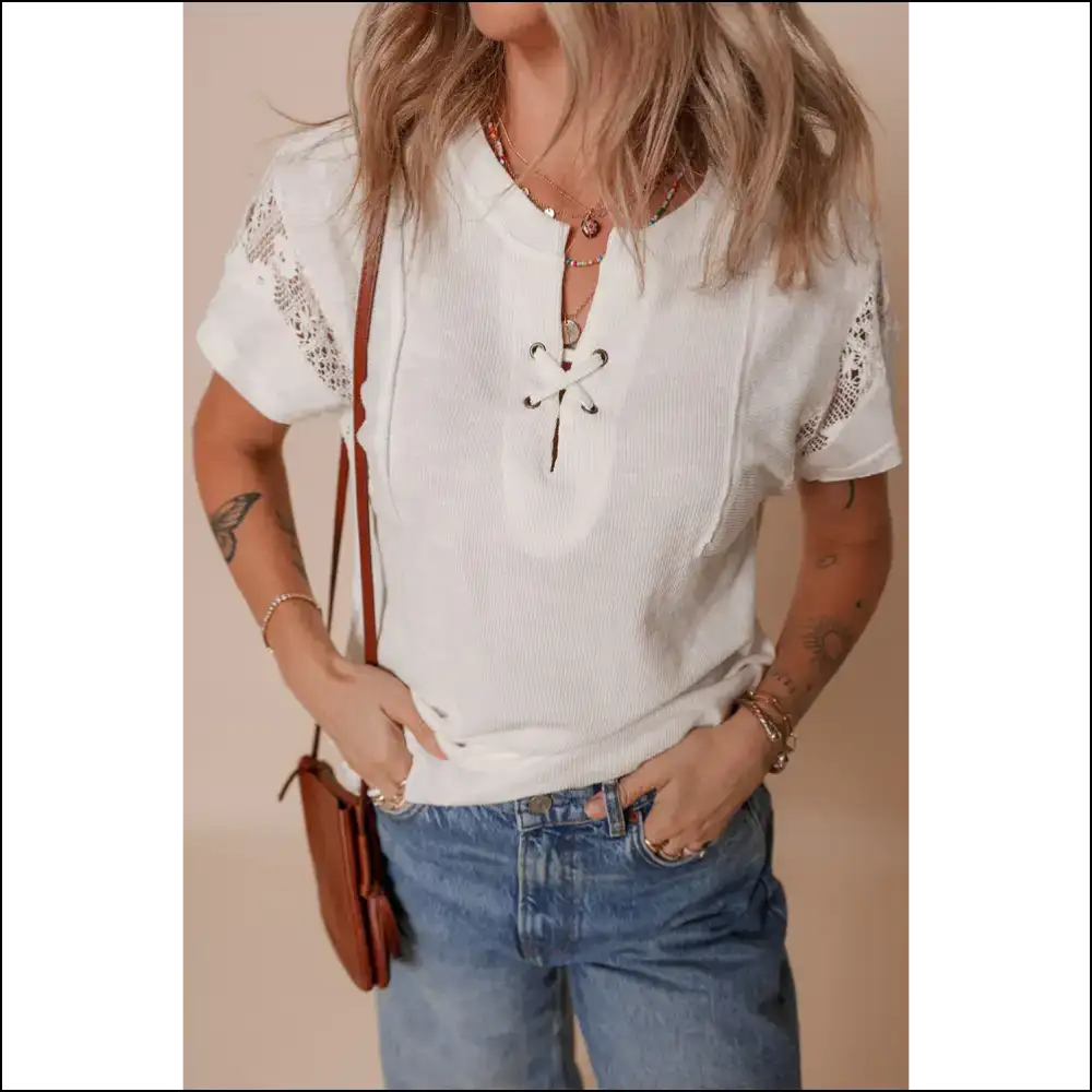 Chic White Ribbed Lace Top with Knot Detail - s - t Shirts