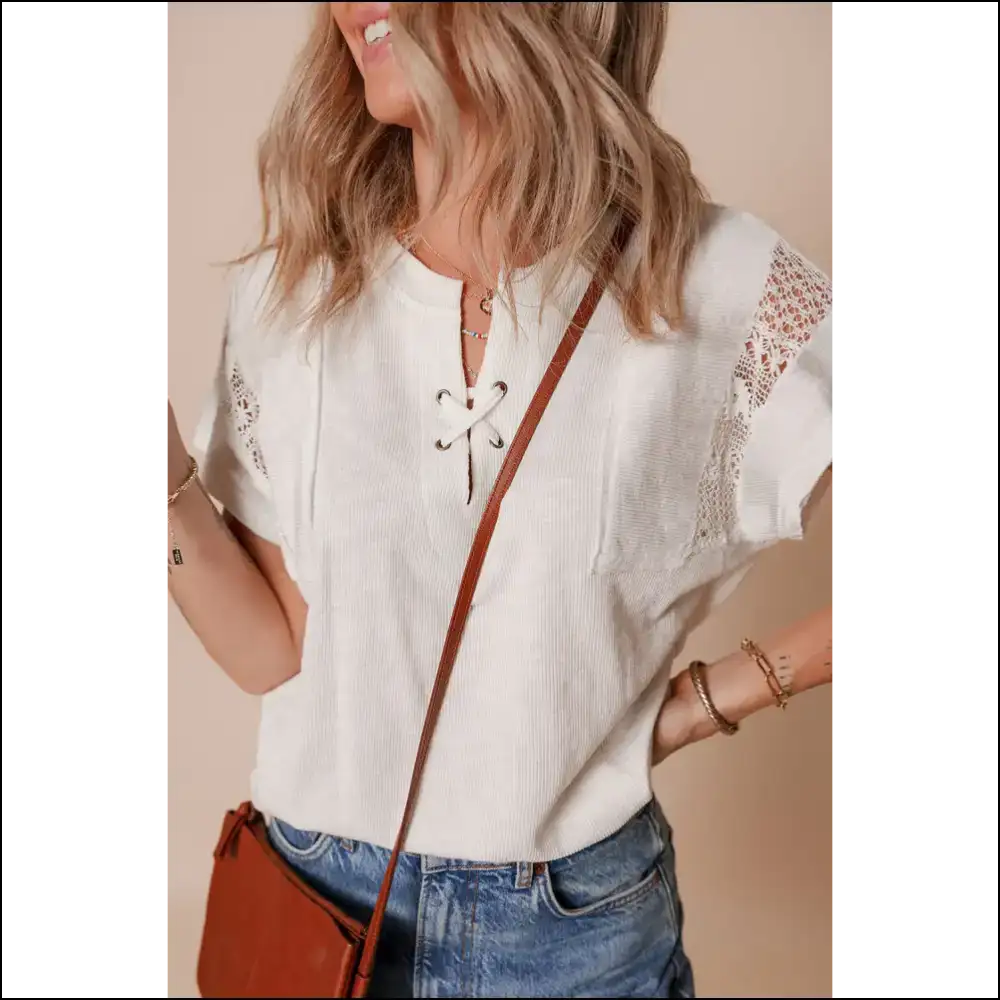 Chic White Ribbed Lace Top with Knot Detail - t Shirts