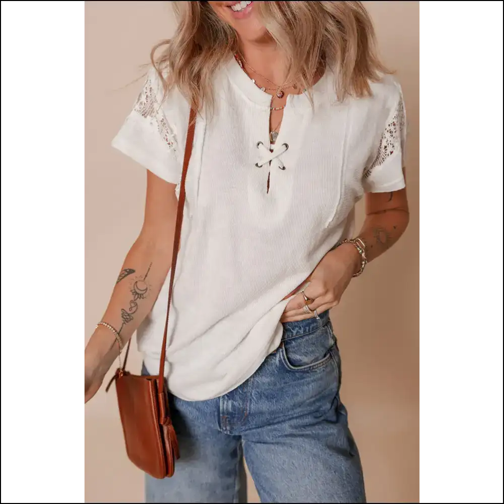 Chic White Ribbed Lace Top with Knot Detail - t Shirts