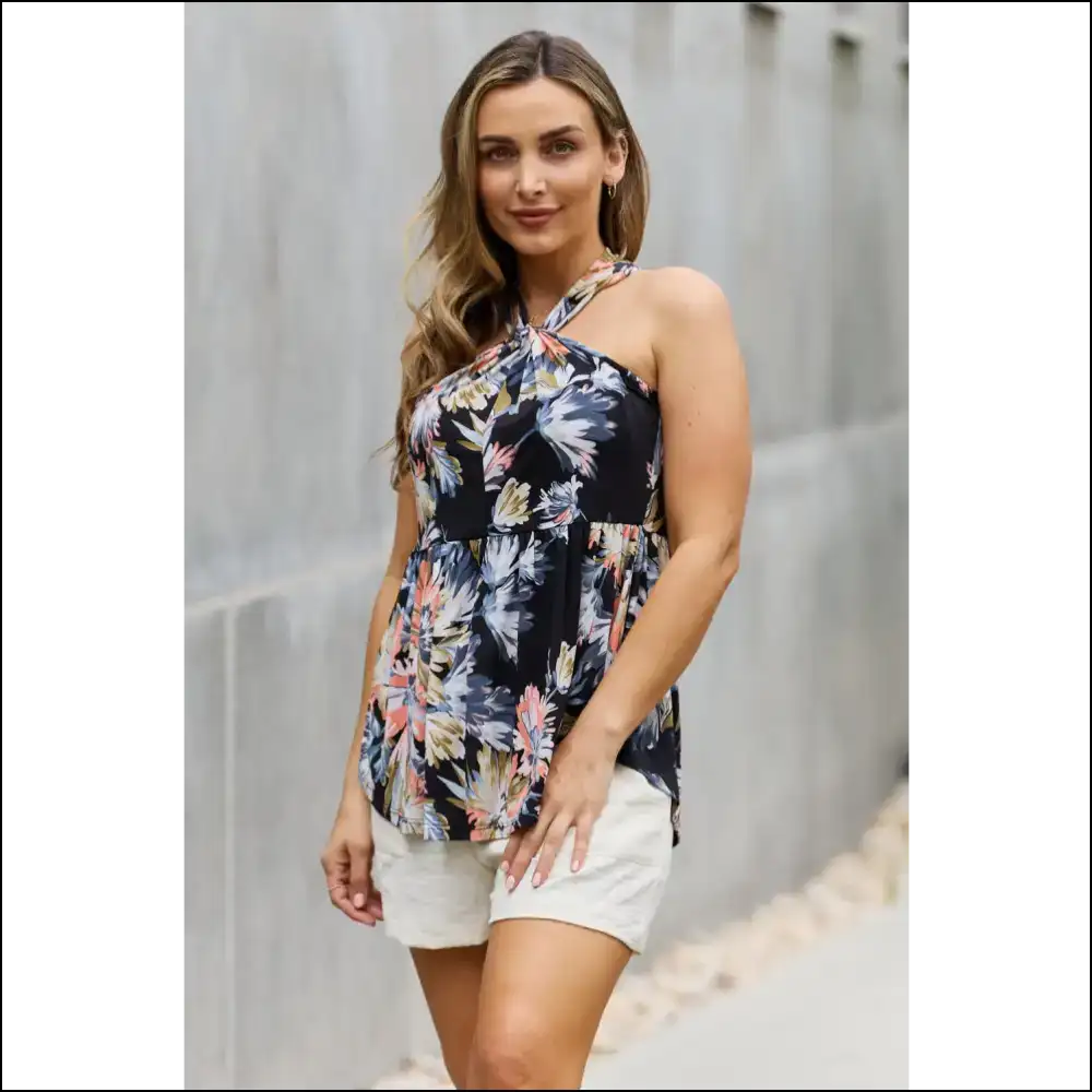 Be Stage Full Size Floral Halter Top - Black Elegance - Tank Tops