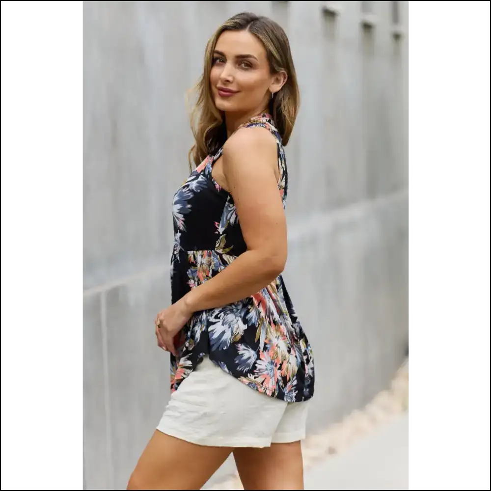 Be Stage Full Size Floral Halter Top - Black Elegance - Tank Tops