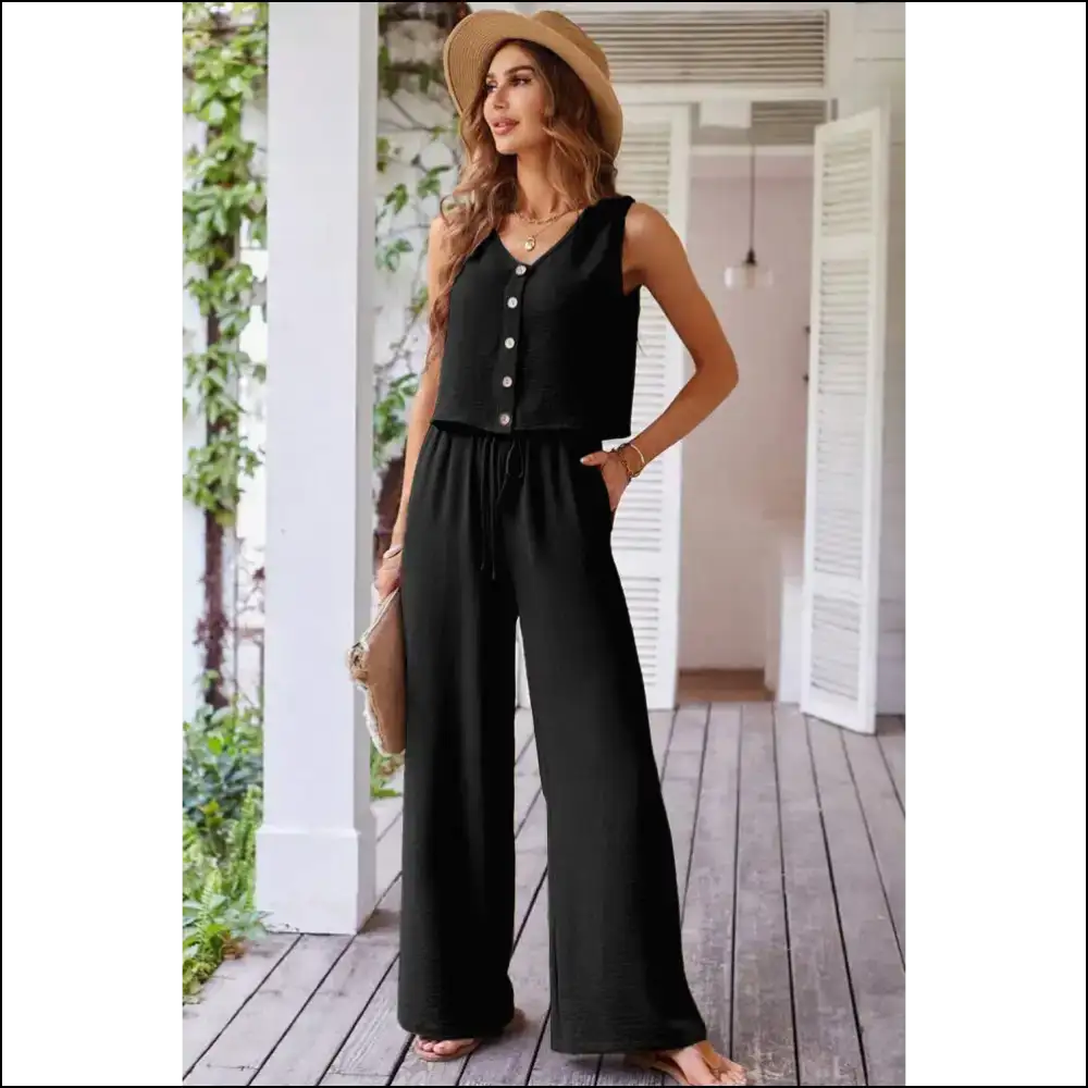 Chic Black Buttoned Vest & Wide Leg Pants Set - Two Piece Sets