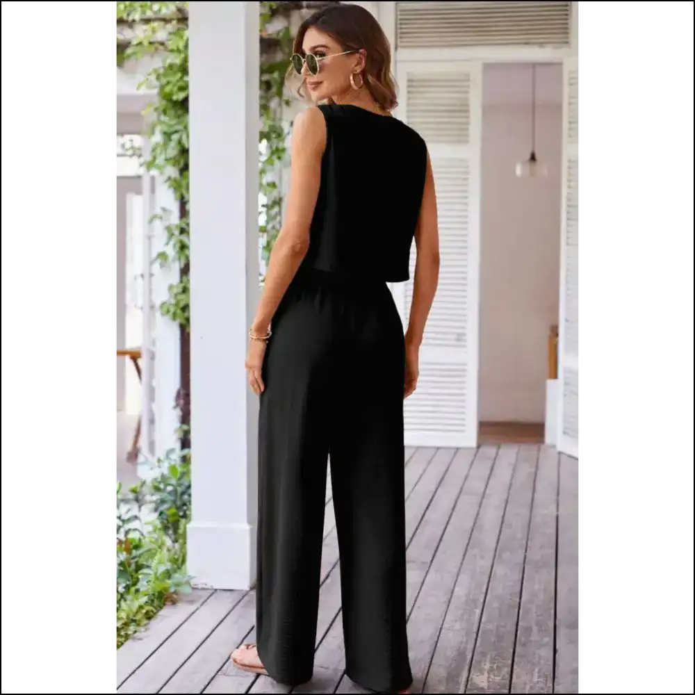 Chic Black Buttoned Vest & Wide Leg Pants Set - Two Piece Sets