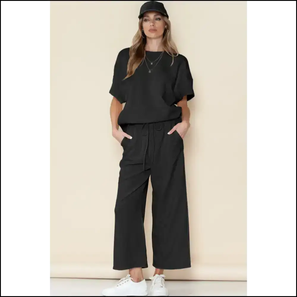 Textured Loose Fit t Shirt & Drawstring Pants Set: so Comfy Itβs Practically Illegal π Needful Things Navy Blue / s Two Piece Sets