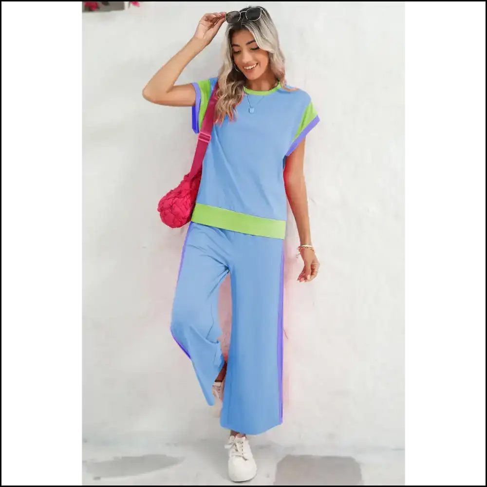 Sky Blue Colorblock Pants Set: Dangerously Comfy π Needful Things Two Piece Sets
