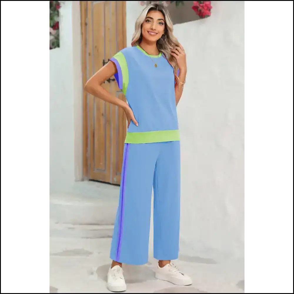 Sky Blue Colorblock Pants Set: Dangerously Comfy π Needful Things Two Piece Sets