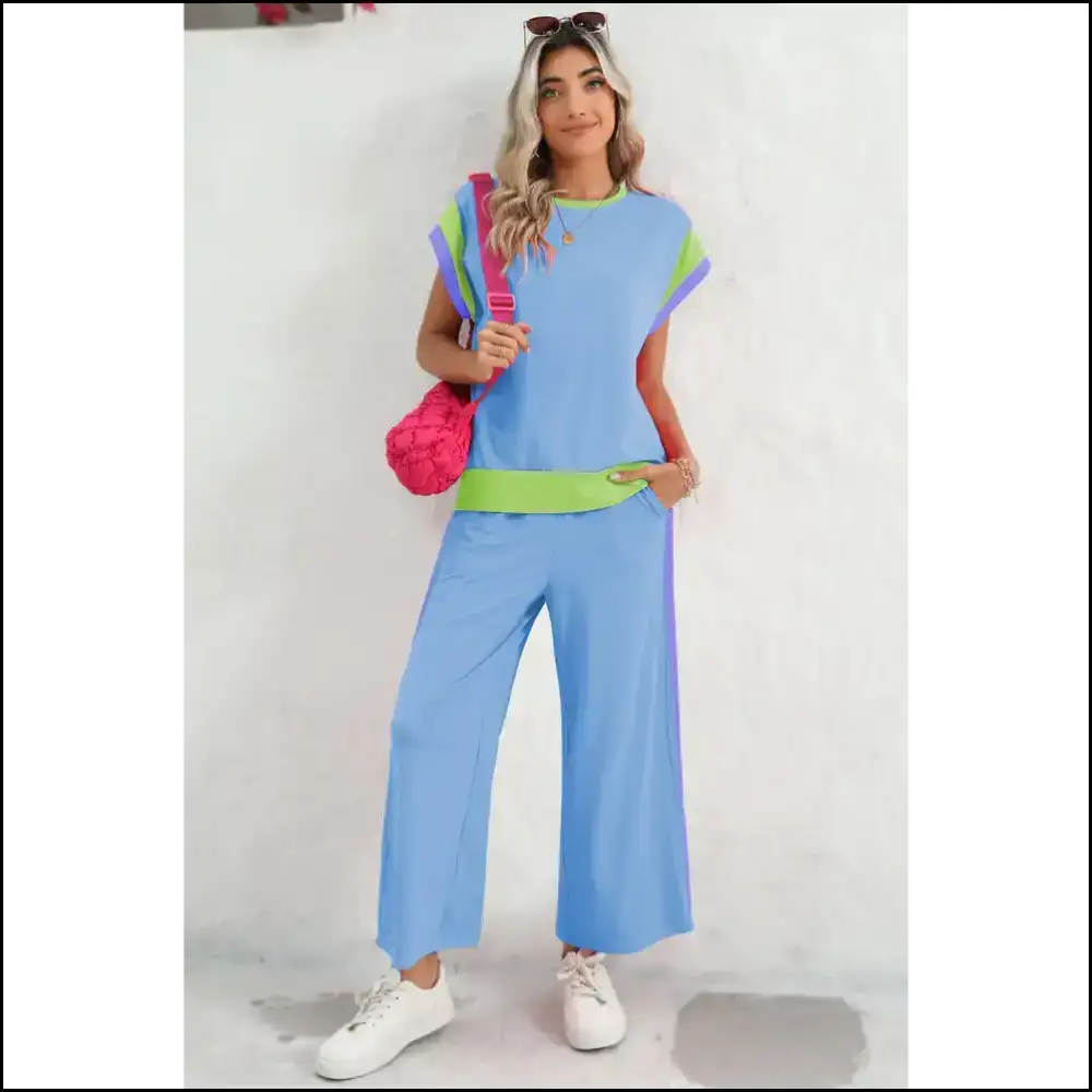 Sky Blue Colorblock Pants Set: Dangerously Comfy π Needful Things Two Piece Sets