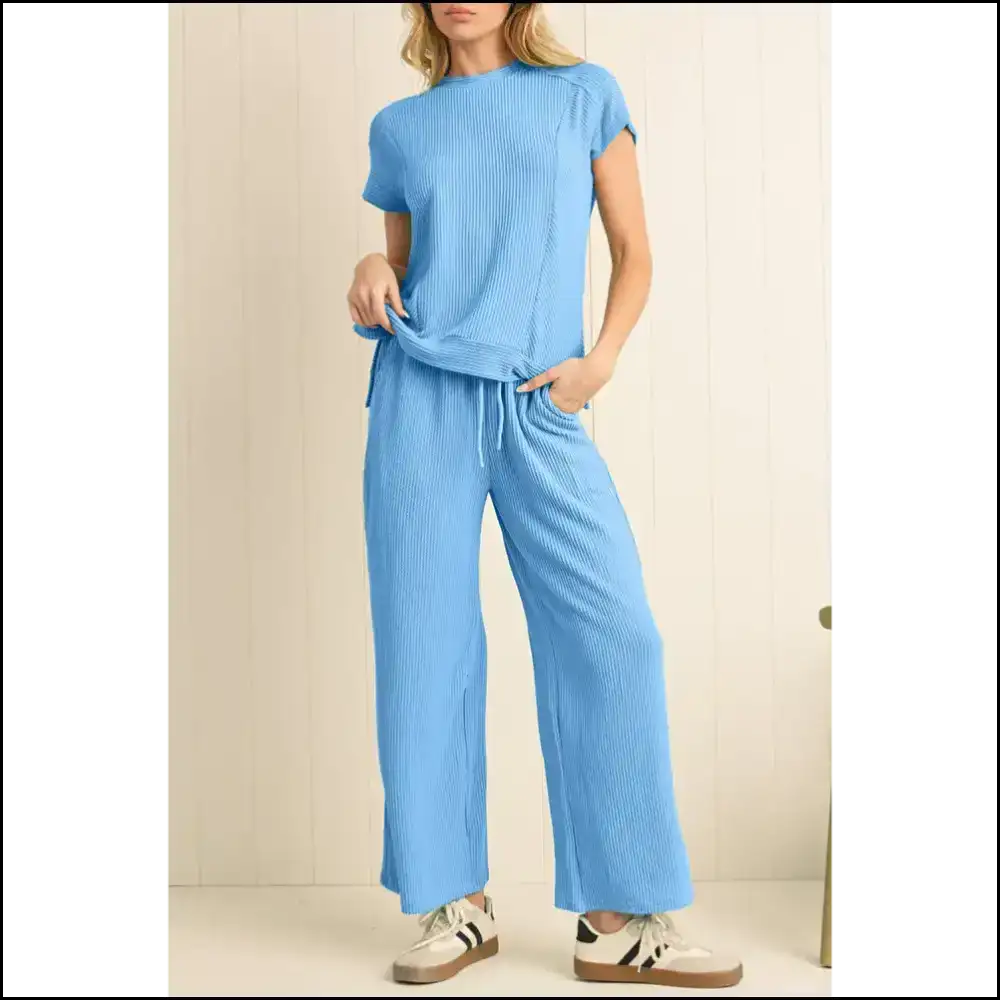 Solid Corded t Shirt & Wide Leg Pants Set: Feeling Fabulous one at a Time Needful Things π¨π Two Piece Sets