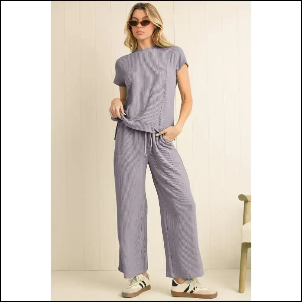 Solid Corded t Shirt & Wide Leg Pants Set: Feeling Fabulous one at a Time Needful Things π¨π Two Piece Sets