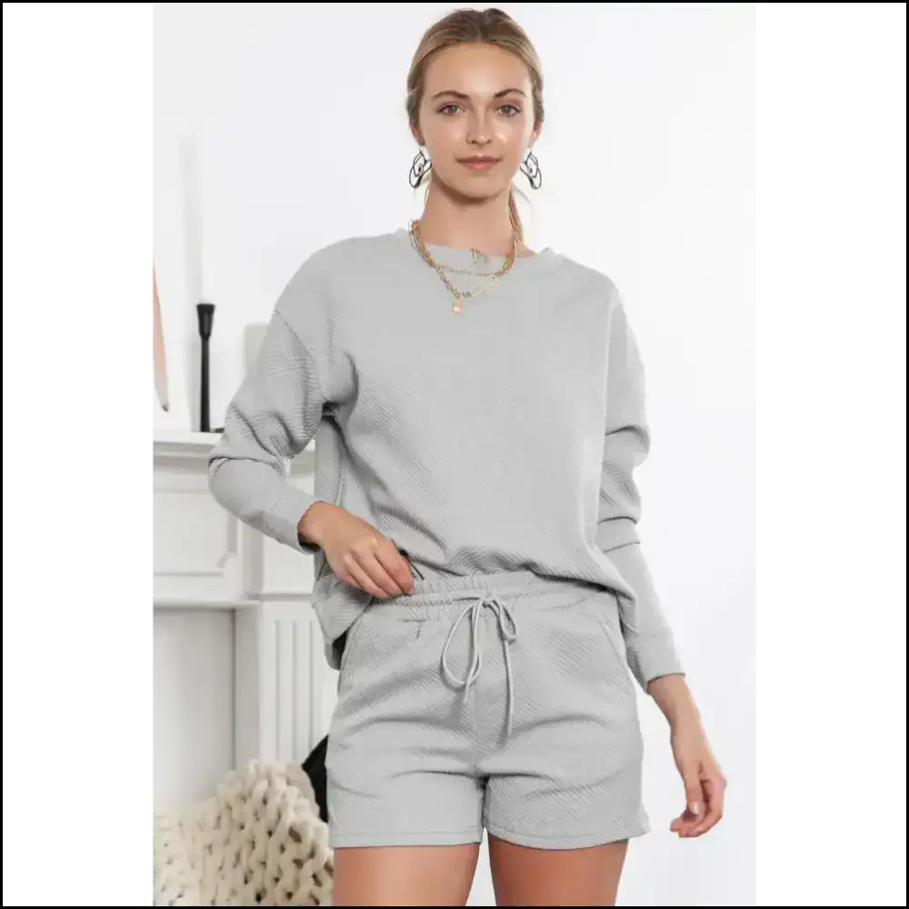 Chic Gray Textured: Netflix & Chill Outfit Two Piece Shorts Sets