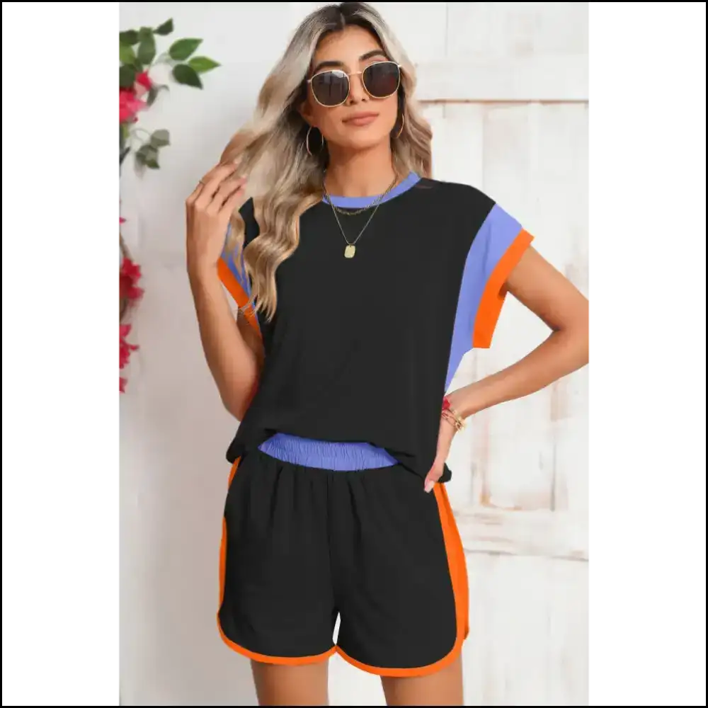 Black Color Block Shorts Set: Elastic Waist Zero Effort π Needful Things Rose Red / s Two Piece Sets
