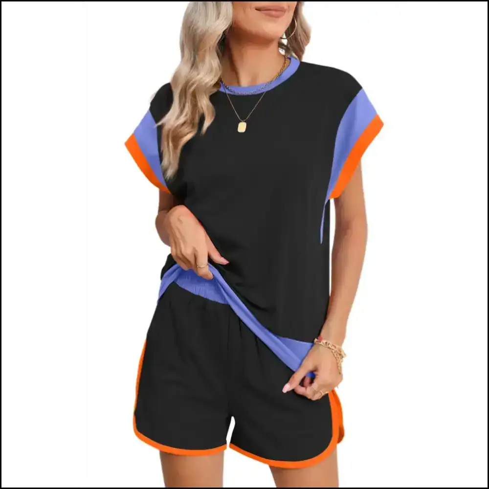 Black Color Block Shorts Set: Elastic Waist Zero Effort π Needful Things Two Piece Sets
