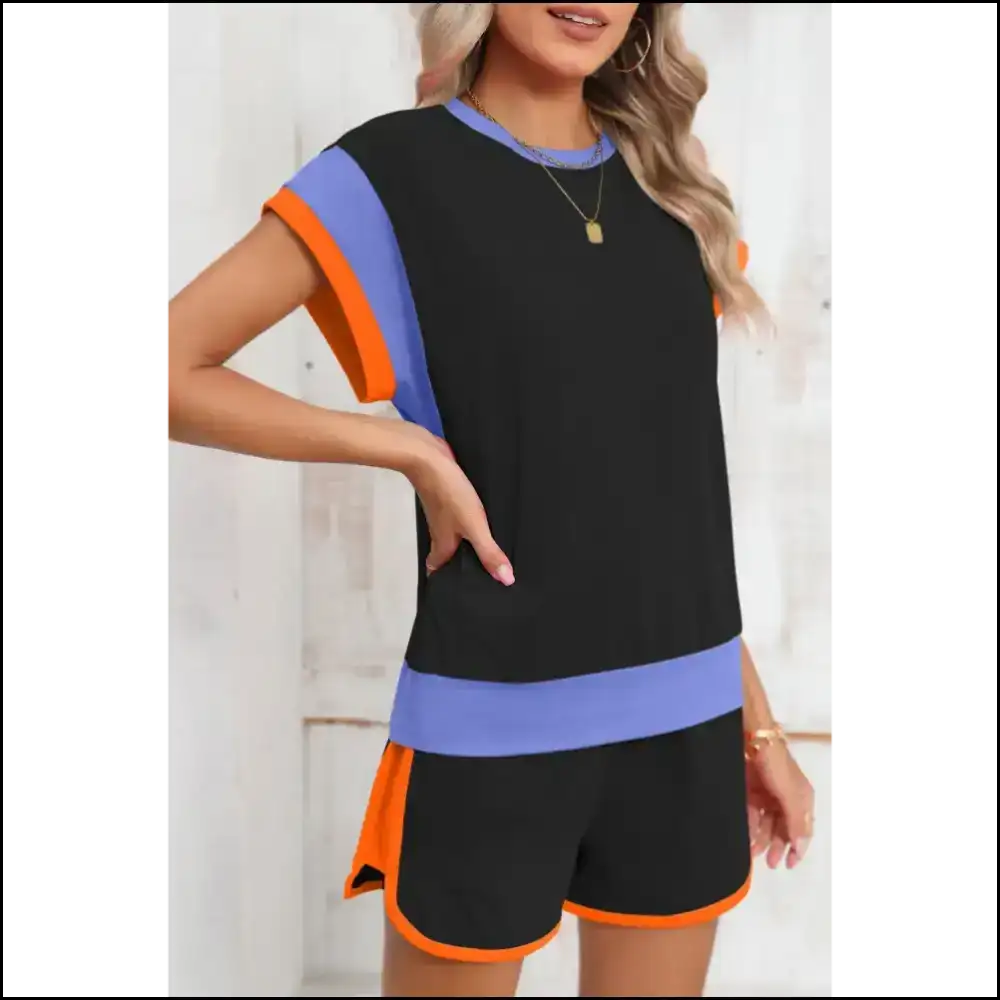 Black Color Block Shorts Set: Elastic Waist Zero Effort π Needful Things Two Piece Sets