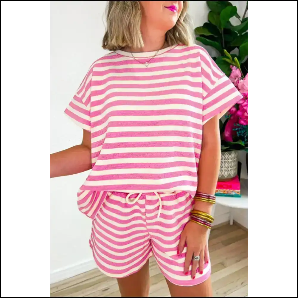 Rose Stripe Crew Neck Set: Needful Things Runway-ready Drawstring Shorts πΉπ - s - Two Piece Sets