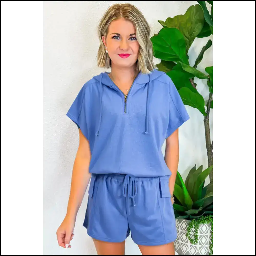 Sky Blue Casual Zipped: too Cute to Function π - Two Piece Shorts Sets
