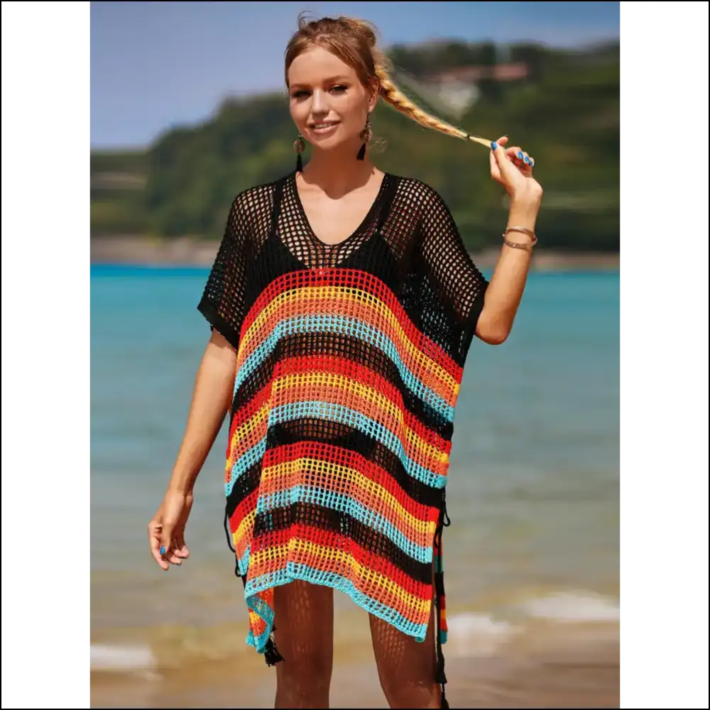 Angel Wings Cutout Striped Cover-up with Tassel - Black / one Size - Cover-ups Swimwear on Sale Worldwide Shipping