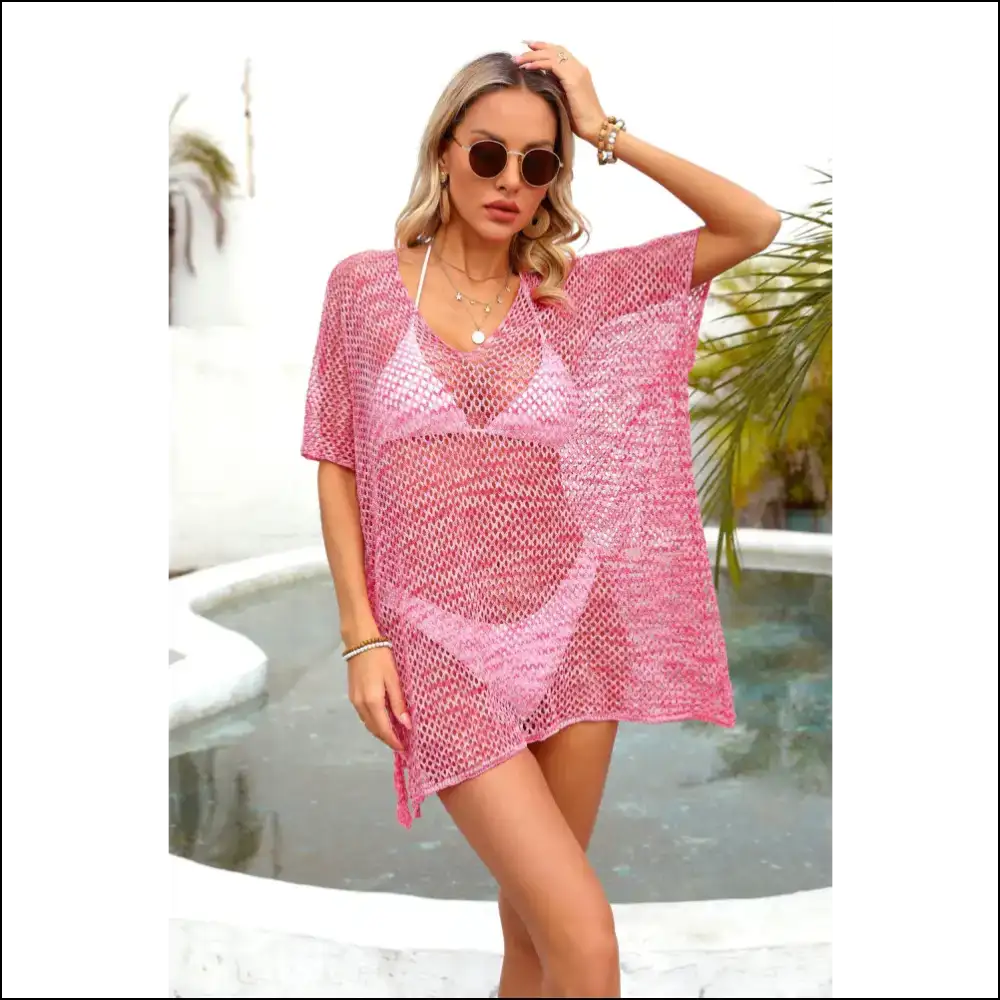 Angel Wings Openwork V-neck Half Sleeve Cover Up - Hot Pink / one Size - Cover-ups Swimwear on Sale Worldwide Shipping
