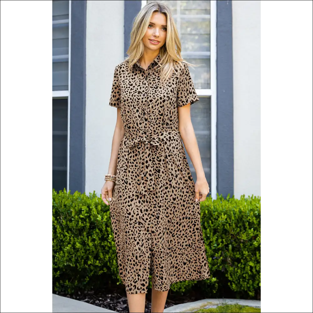 Chic Leopard Print Belted Midi Dress - Dresses on Sale Worldwide Shipping