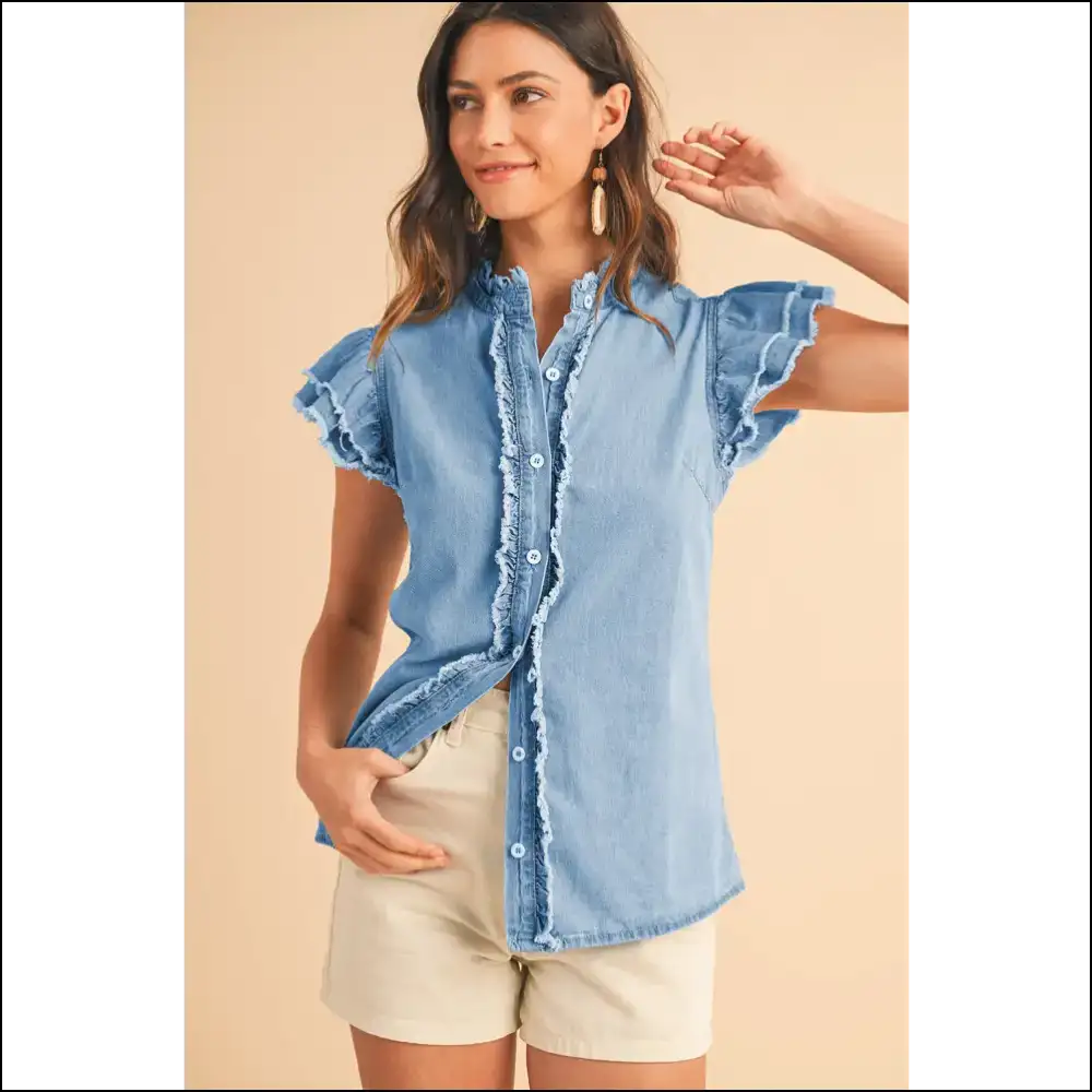 Ashleigh Blue Ruffled Denim: Dressed to Frill ๐ - Blouses on Sale Worldwide Shipping