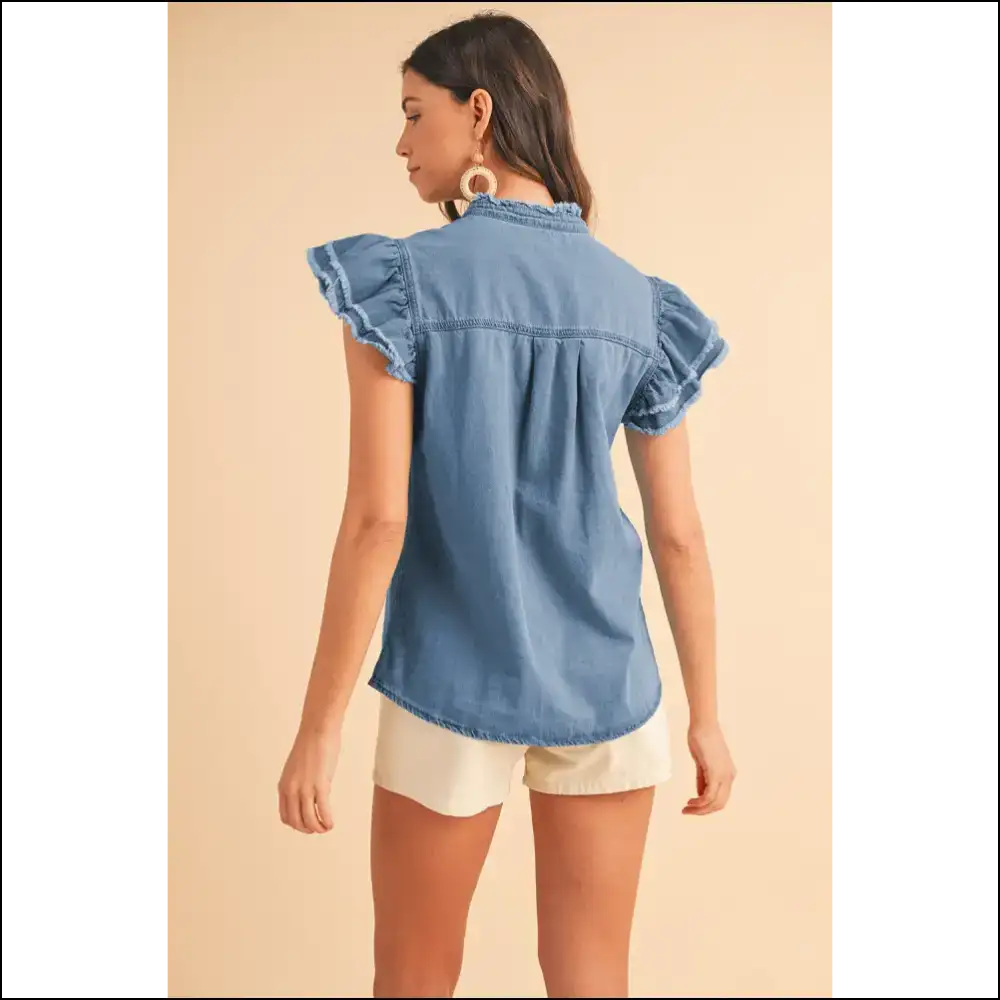 Ashleigh Blue Ruffled Denim: Dressed to Frill ๐ - Blouses on Sale Worldwide Shipping