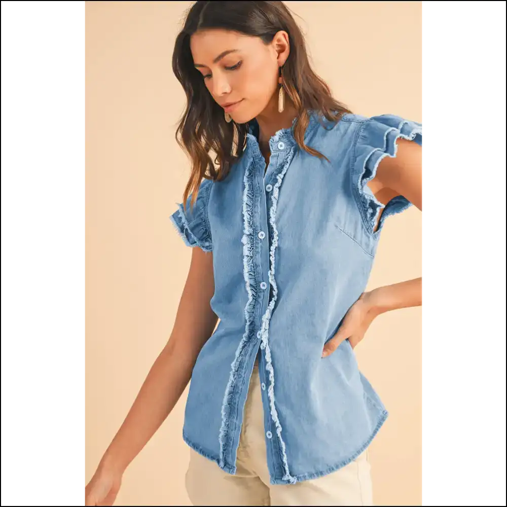 Ashleigh Blue Ruffled Denim: Dressed to Frill ๐ - Blouses on Sale Worldwide Shipping