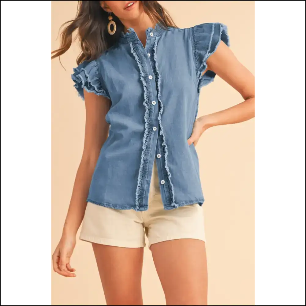 Ashleigh Blue Ruffled Denim: Dressed to Frill ๐ - s - Blouses on Sale Worldwide Shipping