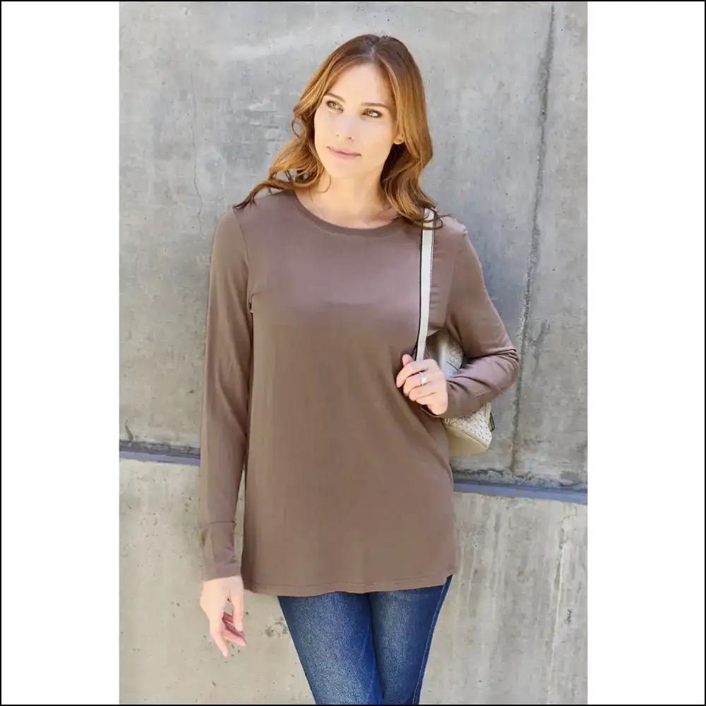 Basic Bae Full Size Round Neck Long Sleeve Top - Mocha / m - Blouses on Sale Worldwide Shipping