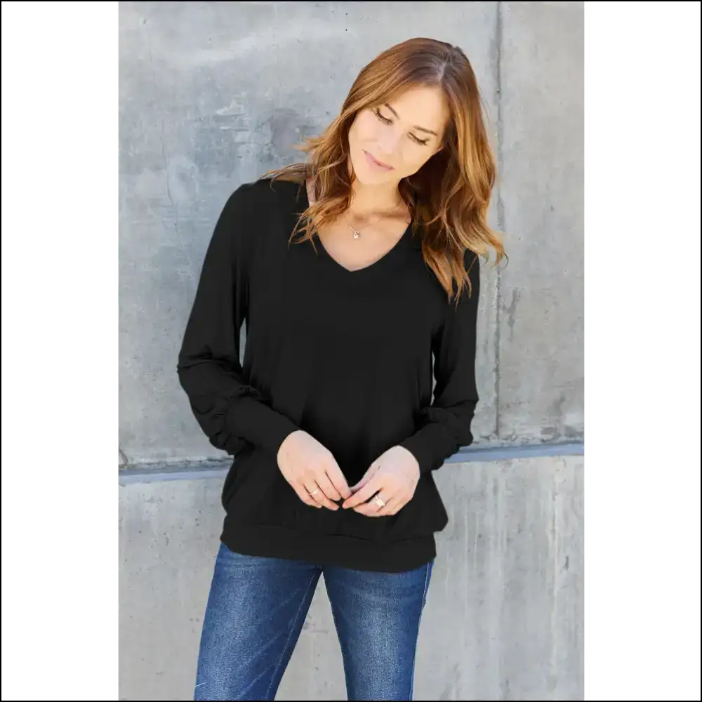 Basic Bae V-neck Lantern Sleeve Top - Full Size - Black / 2xl - Blouses on Sale Worldwide Shipping